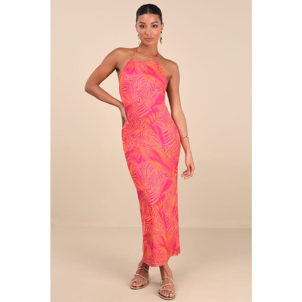 Lulu's Pink & Orange Halter Midi Dress